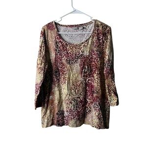 Chicos Zenergy Burgundy Gold Patterned 3/4 Sleeve Blouse 2